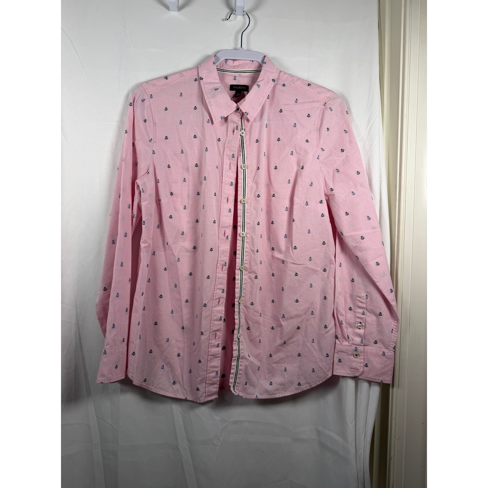 Talbots Pink Sailboat Print Shirt Womens Medium Nautical Coastal Cotton Preppy